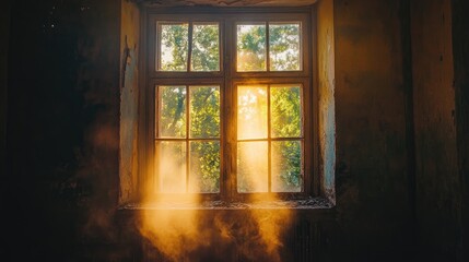 Open window in an old abandoned house, with sunlight streaming in and dust particles floating in the air