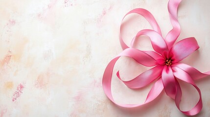 Pink ribbon loop shaped into a flower on a light-colored background, evoking a sense of beauty and femininity