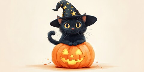 Halloween black cat with pumpkin and witch hat