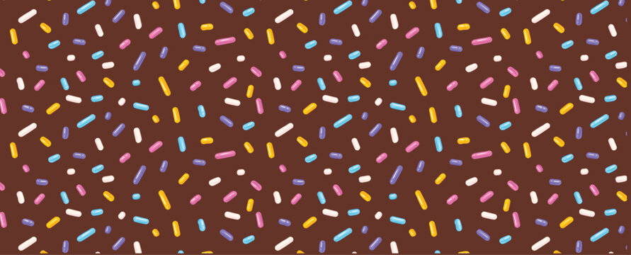 Festive seamless pattern with confetti or sprinkles for donuts. Vector seamless background for holiday, birthday, gift paper, decoration.