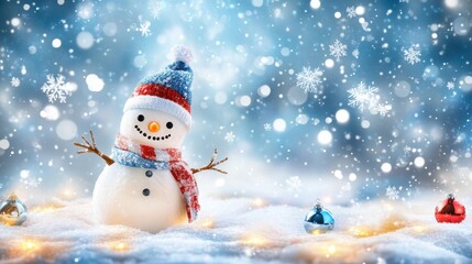 Fototapeta premium Charming winter day with a snowman surrounded by snowflakes and twinkling