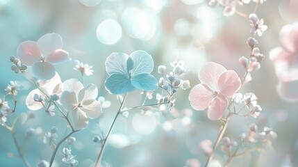 Pastel botanical elegance in soft light Illustrate or photograph botanical elements in pastel tones like light blue, soft pink, and pale green, with soft, diffused lighting that highlights their