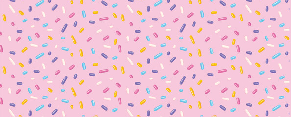 Festive seamless pattern with confetti or sprinkles for donuts. Vector seamless background for holiday, birthday, gift paper, decoration.