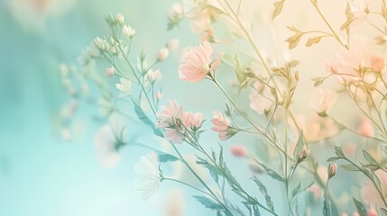 Pastel botanical elegance in soft light Illustrate or photograph botanical elements in pastel tones like light blue, soft pink, and pale green, with soft, diffused lighting that highlights their