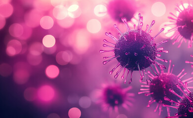 Artistic Depiction of Viruses Floating in a Vibrant Pink Environment