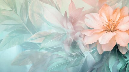 Obraz premium Pastel botanical elements with a tranquil background Illustrate or photograph botanical elements such as flowers and leaves in pastel colors like light peach, soft green, and pale blue, set against a