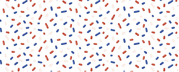 Festive American or Australian or English seamless pattern with confetti or sprinkles for donuts. National flag colors. Repeating background, vector illustration for holiday, birthday, gift wrap.