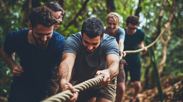 Team Building Activity   Men Pulling Rope in Forest - Powered by Adobe