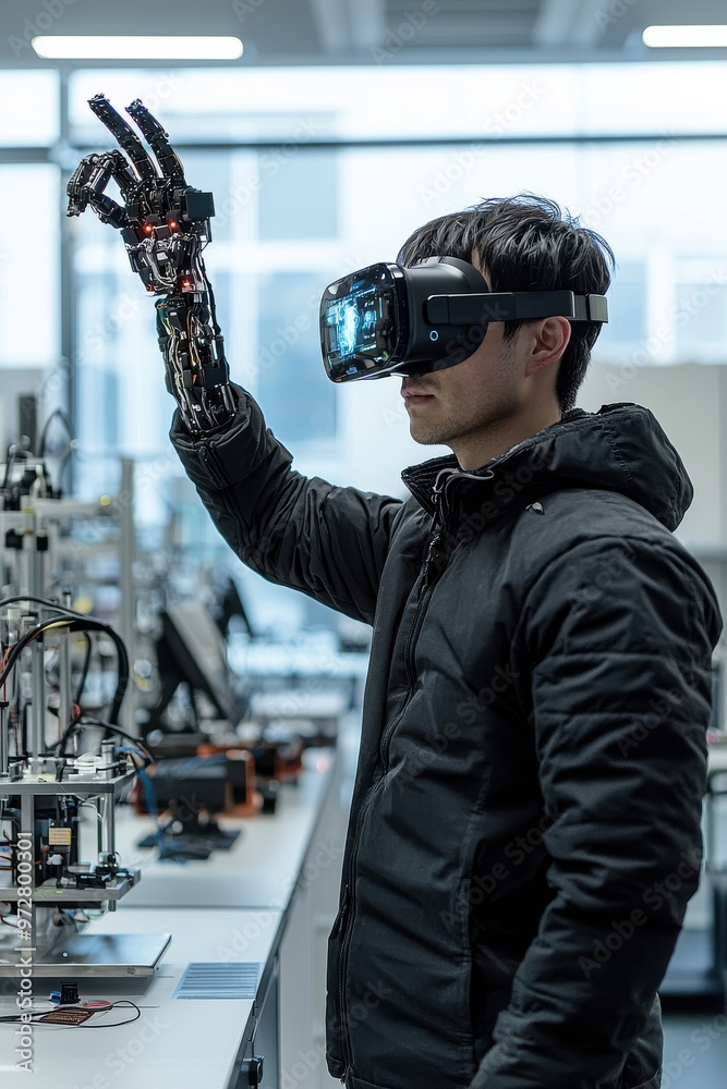 Poster man in black jacket using virtual reality headset with robotic hand in a technology lab setting