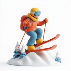 Person Skiing Down a Mountain Cartoon Clay Illustration, 3D Icon, Isolated on white background