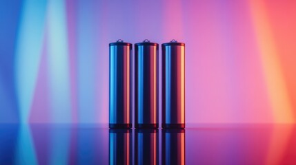 Fototapeta premium Three batteries aligned vertically on a reflective glass surface, with a subtle gradient in the background for contrast