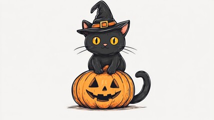 Halloween black cat with pumpkin and witch hat