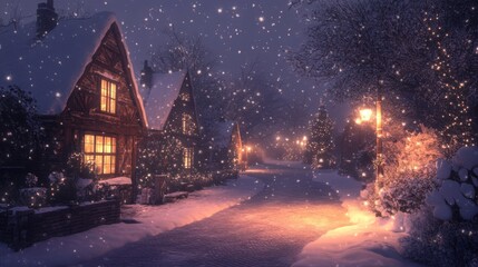 Fototapeta premium Christmas Eve in a quaint village, with snow-dusted cottages and softly glowing street