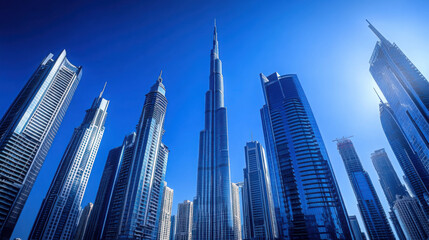 Obraz premium A city skyline under a deep blue sky, with modern skyscrapers gleaming in the sunlight.