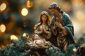 Holy family praying near christmas tree with blurry lights in background