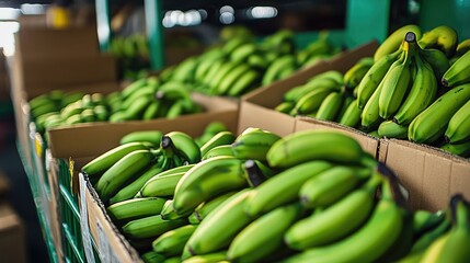 Green bananas being stored in crates at food distribution warehouse