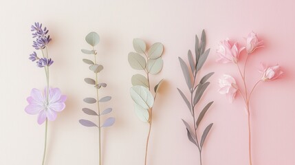 Pastel-toned botanical elements with a minimalist touch Illustrate or photograph botanical elements such as leaves, flowers, and stems in pastel tones with a minimalist approach. Use soft colors like