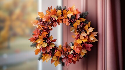 Colorful autumn wreath made of leaves and berries, perfect for seasonal decoration on a door or wall