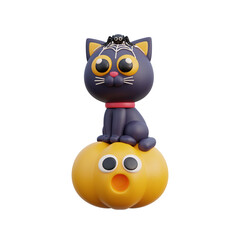 3D cute Halloween black cat cartoon character, trick or treat party, october holiday, 3d rendering.