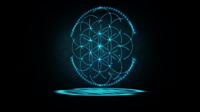 Glowing neon Flower of life made up of many small blue flashing dots, lights spinning in smoke and flying dust in the dark. Sacred geometry. 4k 3d looped animation.