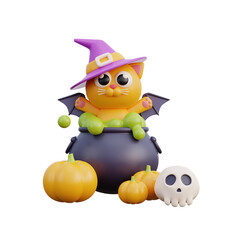 3D cute Halloween black cat cartoon character, trick or treat party, october holiday, 3d rendering.