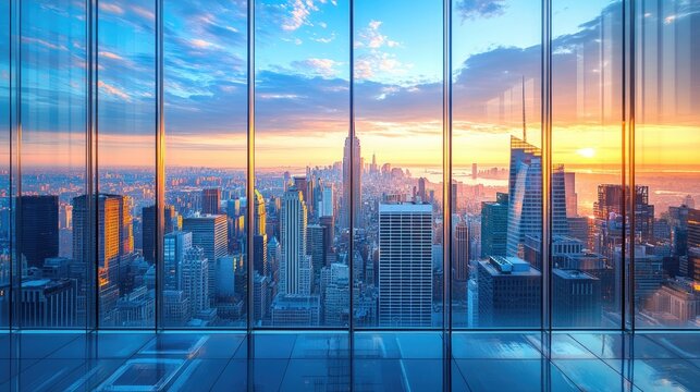 Fototapeta New york city skyline shining during golden hour sunset seen from modern office windows