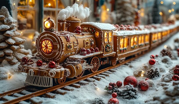 Gingerbread Train with Christmas Decorations on Snowy Railway - AI generated illustration