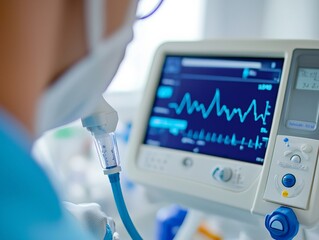 A close-up of a lung function test (spirometry) being performed, with the patient blowing into the device and the results displayed