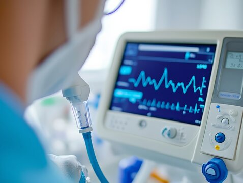 A close-up of a lung function test (spirometry) being performed, with the patient blowing into the device and the results displayed