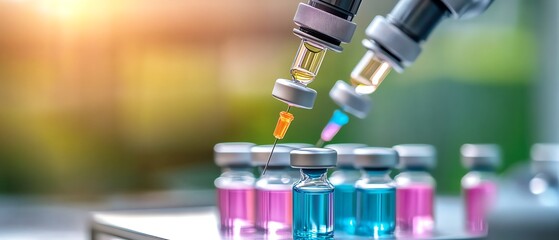 Close-up of vaccine vials being filled with colorful liquids by precision syringes in a laboratory setting.