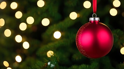Red Christmas ornament hanging on a tree with glowing bokeh lights in the background with copy space. Christmas holiday decoration concept for seasonal design