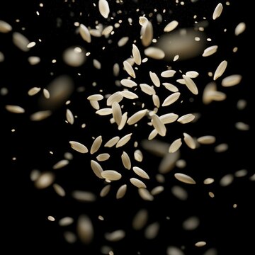 rice seeds flying in the air, on a black background, close-up