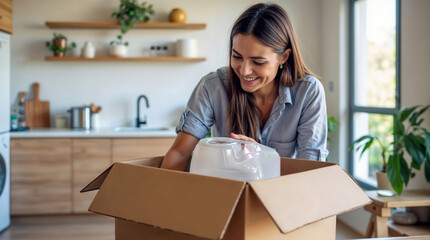 Smiling young woman unpacking kitchen appliance from cardboard box in modern, bright kitchen with wooden shelves and plants, expressing joy of moving in