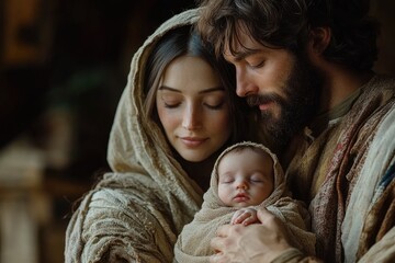 Obraz premium Young family gazing lovingly at newborn baby