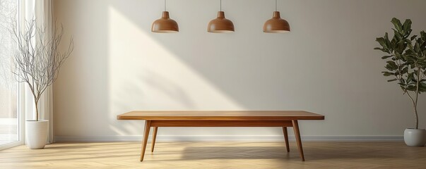 Teak coffee table in a minimalist midcentury modern room, pendant lights highlighting retro decor,...