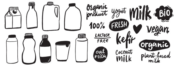 Dairy and lactose free milk product bottles, different shapes and handwritten text. Vegan milk, plant based coconut nilk, ayran, kefir. Hand drawn drawings of packaging and labels, black and white