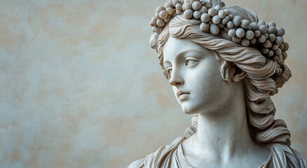 Marble Statue of Goddess Clio with Wreaths and Grape Leaves, Against a White Wall. AI generated illustration