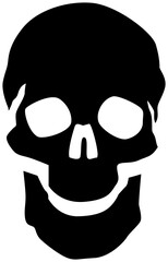 Simple black skull icon in a flat vector style, isolated on a transparent background. Perfect for use in graphic design projects, Halloween themes, and warning symbols
