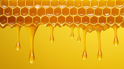 Close-up of honeycomb with golden honey dripping from hexagonal cells.
