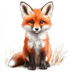 Adorable Fox Cub Watercolor Painting with Vibrant Orange Tones on White Background.