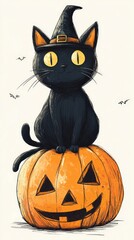 Halloween black cat with pumpkin and witch hat