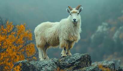 Fototapeta premium Mountain Goat on Rocks with Foggy Background, Cinematic Documentary-Style Photography. AI generated illustration