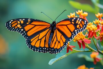 A close-up of a monarch butterfly with its orange and black wings spread, perched on a blooming flower