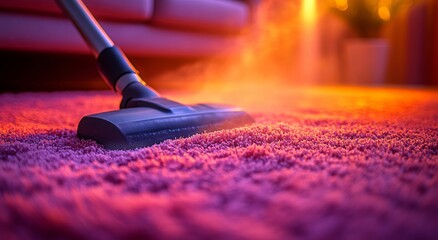 Person Vacuuming Carpet with Cozy Home Interior in Background, Close-Up Details of Cleaning Product. AI generated illustration