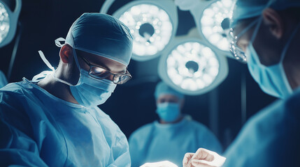 Surgeons in an operating room performing surgery under bright surgical lights, wearing scrubs and masks.
