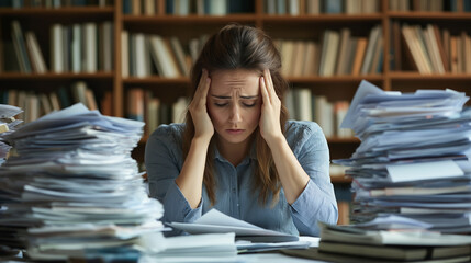 A stressed woman overwhelmed by large stacks of paperwork in a library setting.