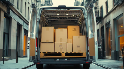 The back of a delivery van loaded with cardboard boxes, parked on an urban street.