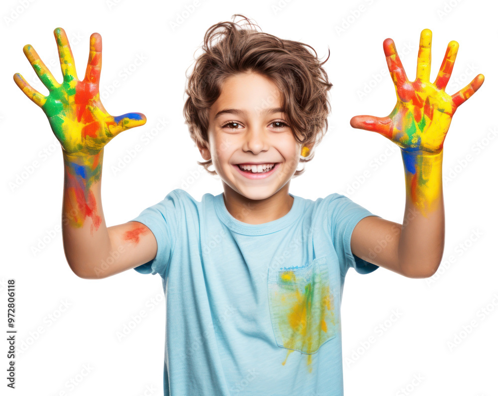 Sticker PNG Happy boy show hands painted portrait finger child.