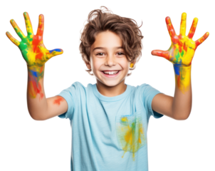 PNG Happy boy show hands painted portrait finger child.