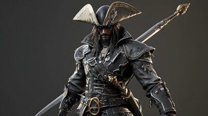 Fototapeta premium 13. **Realistic 3D depiction of an armored pirate warrior with a cutlass and tricorn hat